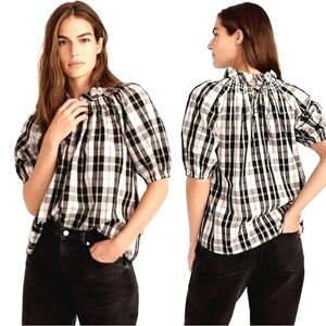 J. CREW Women's Black and White Plaid Puff Sleeve Top